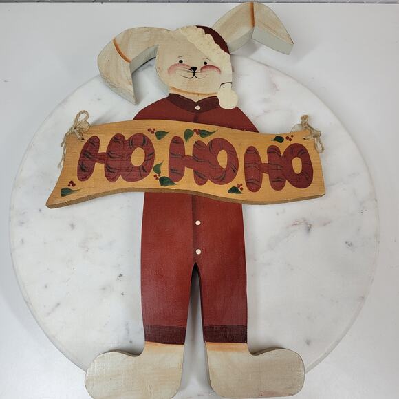 VINTAGE Bunny Santa Claus Ornament 15" HO HO HO Handmade Folk‎ Art Christmas - Picture 6 of 13